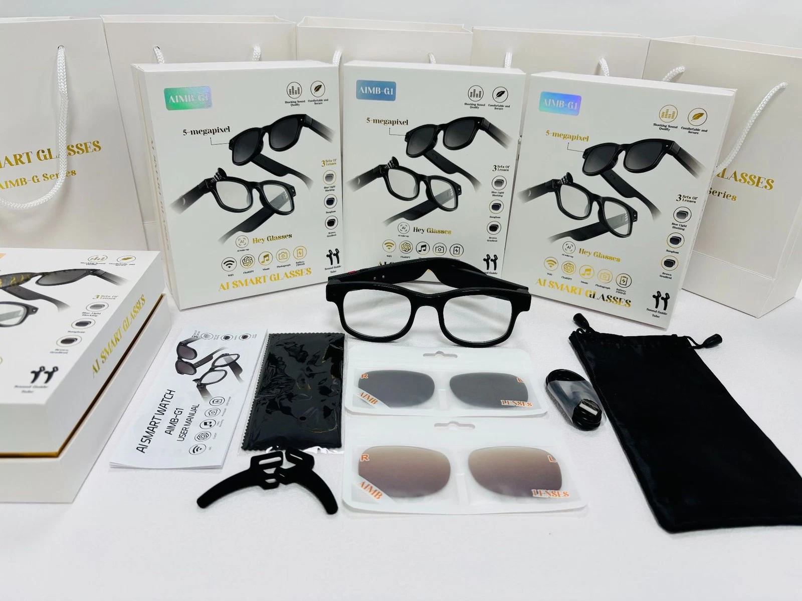 AIMB-G1 Smart Glasses with Camera & Real-Time AI Translation 1080P Stabilized Video, 3 Lens Kit(Black)